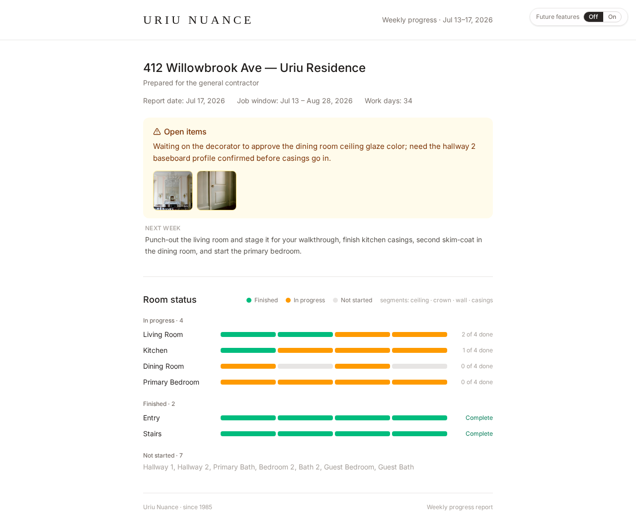 Branded weekly progress report for the general contractor